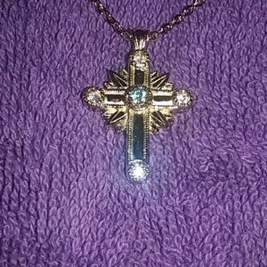 AVON LIGHT AQUA CRYSTAL CROSS NECKLACE ~ NIB